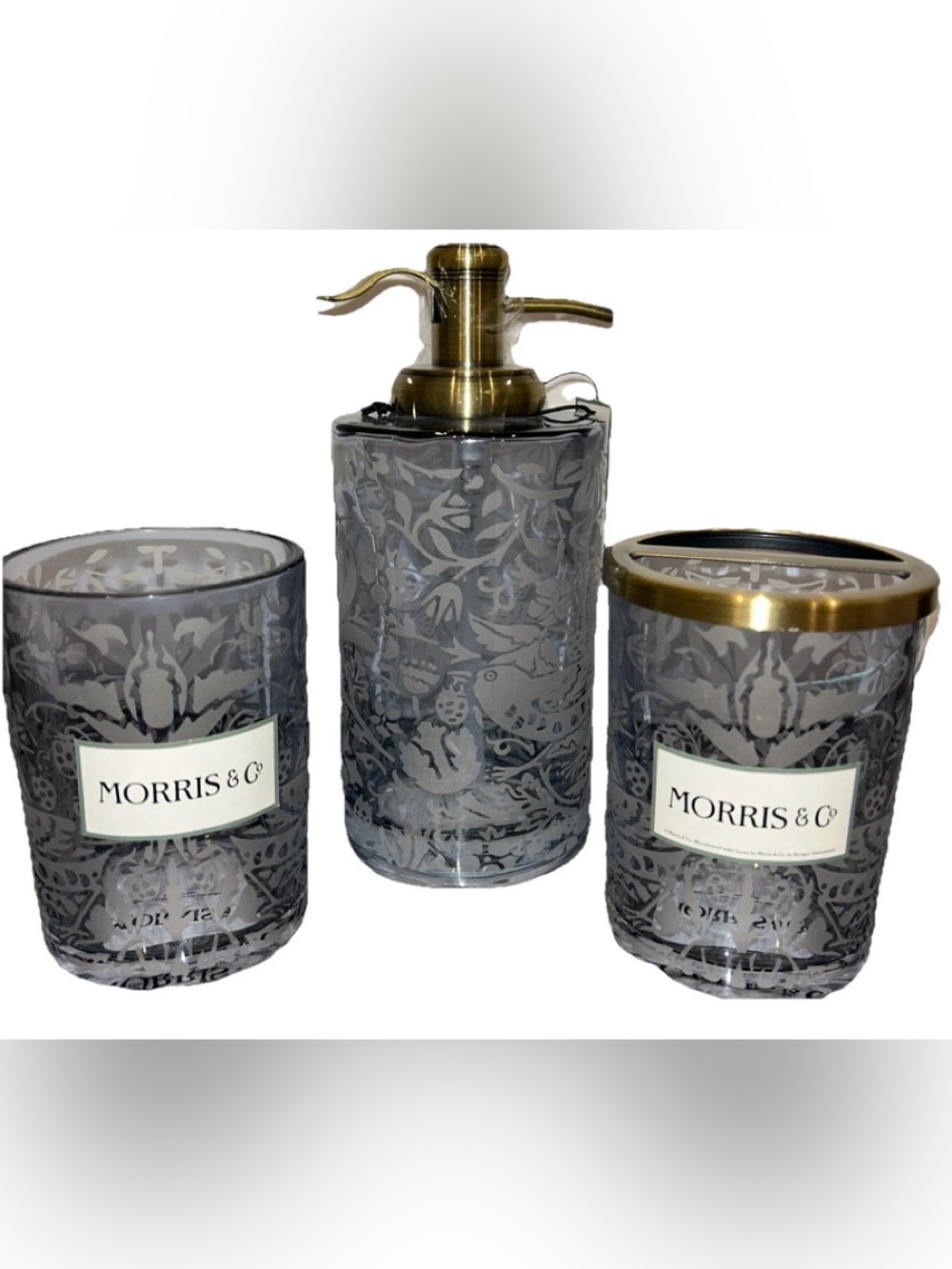 Morris & Co Strawberry Thief Tumbler Soap Pump Toothbrush Holder Etched Blue 3pc